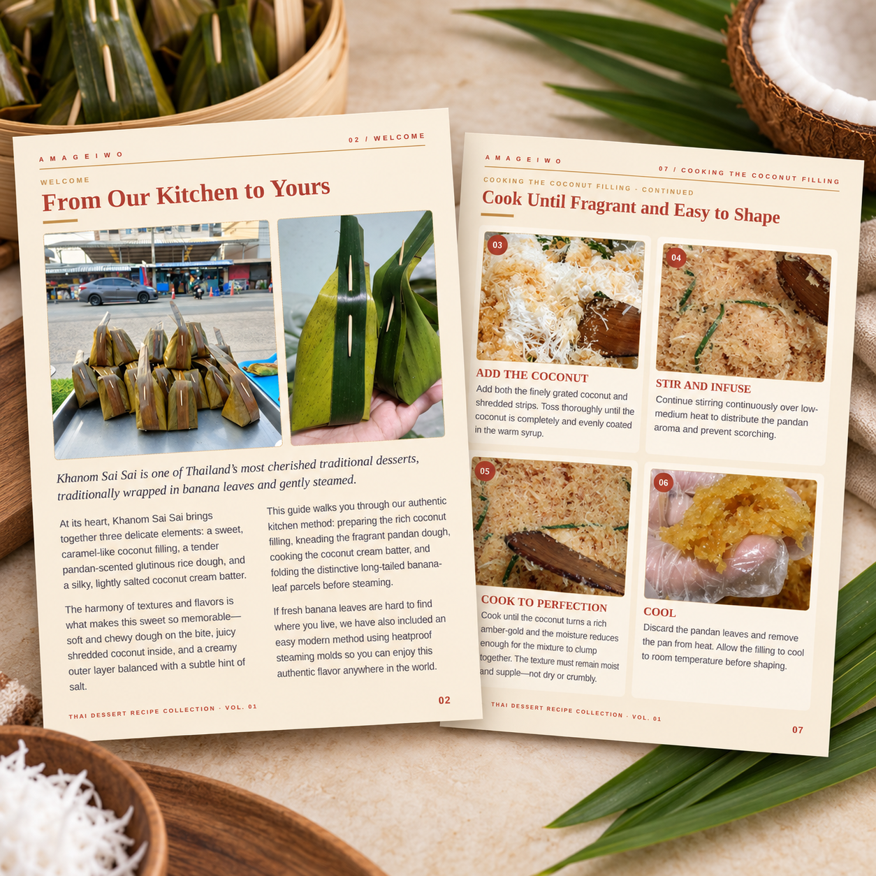Open pages from Khanom Sai Sai, Volume 01, showing the welcome and coconut-filling steps.